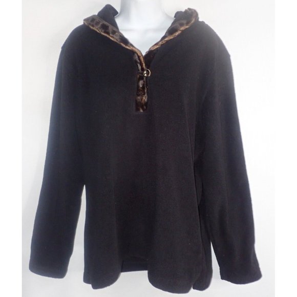 Wooly Bully Fleece pull over Hooded Top Women XL Button Neck Black faux fur trim - Picture 2 of 7